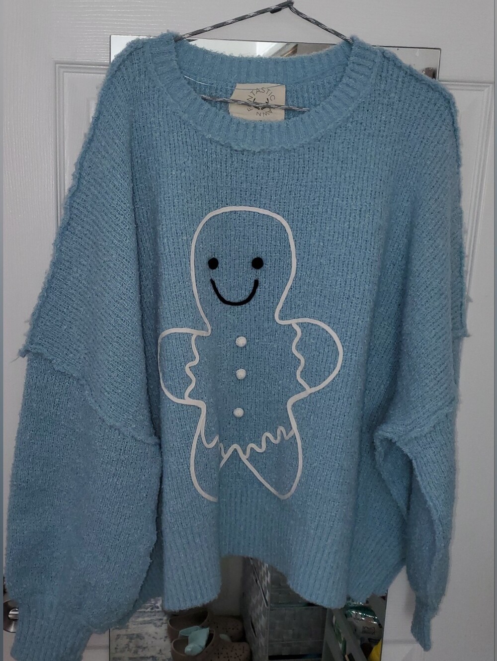 Fantasric Fawn Light Blue Gingerbread Smiley Knit Sweater - Women